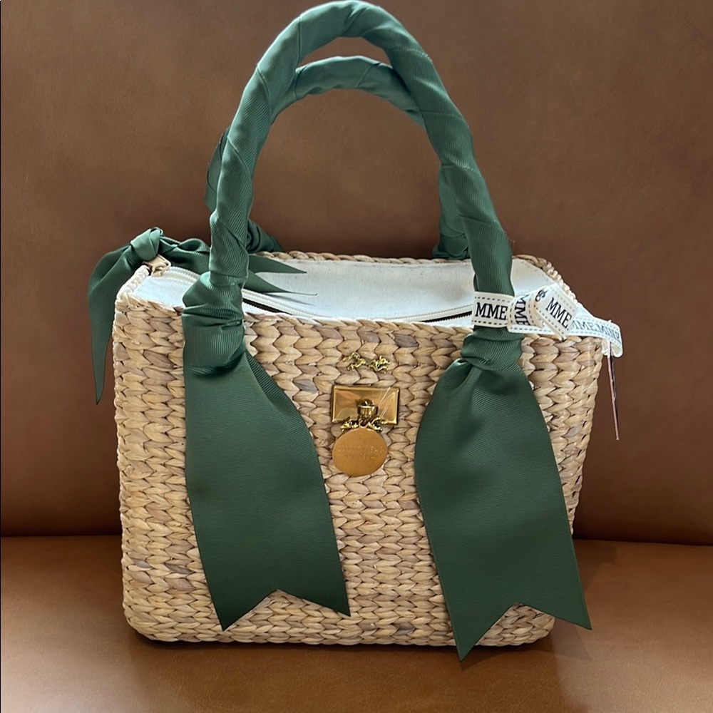 Woven Straw Tote with Olive Green Scarf Handles and Gold Accent Lock